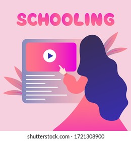 Online schooling concept. Internet curses process. Vector illustration of online tutoring. Home education. Flat girl in front of the web desk.