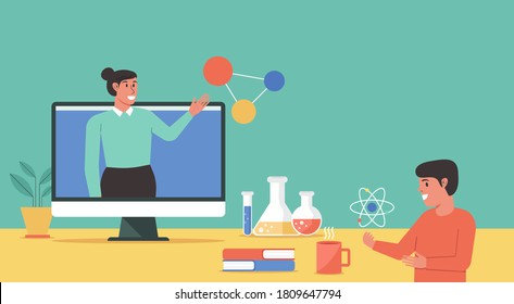 online science class, online education concept, distance learning from home, female teacher connecting to student via video call on computer, flat vector illustration