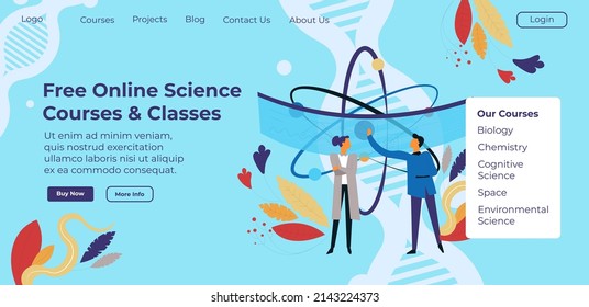 Cursos y clases de ciencia en línea, lecciones y obtención de conocimientos. La gente trabaja en experimentos e investigaciones en grupos. Química y biología. Plantilla de página de aterrizaje del sitio web, vector en estilo plano 