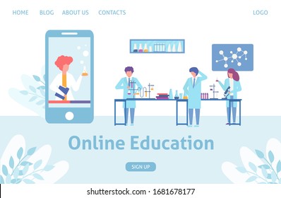 Online science education learning in mobile app, smartphone and tiny people scientists with chemical formula, microscopes vector illustration. Online scientifical school, educational project.