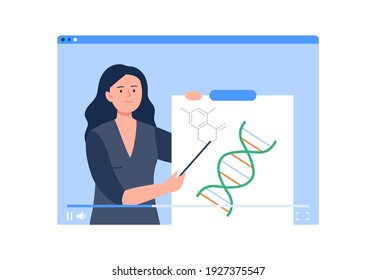 Online science learning. Video tutorial from professionals, bloggers. Online education, e-learning, studying at home. Vector flat illustration.