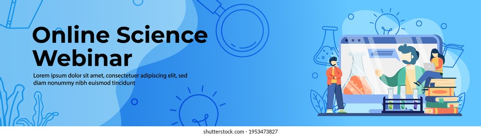 Online science Webinar Web Banner Design. Student watching online class. E-Learning, online class, digital education platform header or footer banner.