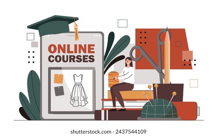 Online seamstress courses. Distant educaton. Student with needles and pins. Young girl in workshop or studio. Tailor and atelier. Cartoon flat vector illustration isolated on white background
