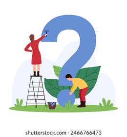 Online search for answer to question, solution and advices to problem, interrogation and FAQ. Tiny people paint big question mark blue, think about idea and information cartoon vector illustration