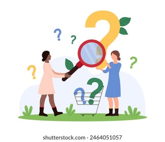 Online search for answer to question, user manual and FAQ, survey. Tiny curious girls look through magnifying glass at question mark, analyze and investigate information cartoon vector illustration