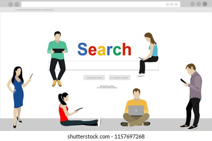 Online search bar concept vector illustration of young people using mobile smarthone and laptop for searching info in web browser. Flat design of guys and women standing into browser webpage frame