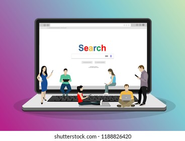 Online search bar concept vector illustration of young people using mobile smarthone and laptop for searching info in web browser. Flat design of guys and women standing on laptop.