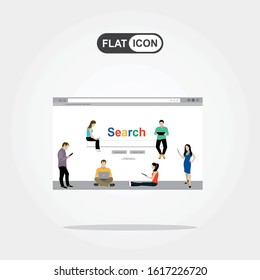 Online search bar concept vector illustration of young people using mobile smarthone and laptop for searching info in web browser. Flat design of guys and women standing into browser webpage frame