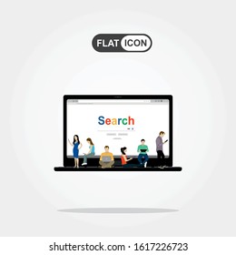 Online search bar concept vector illustration of young people using mobile smarthone and laptop for searching info in web browser. Flat design of guys and women standing on laptop.