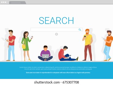 Online Search Bar Concept Vector Illustration Of Young People Using Mobile Smarthone And Laptop For Searching Info In Web Browser. Flat Design Of Guys And Women Standing Into Browser Webpage Frame