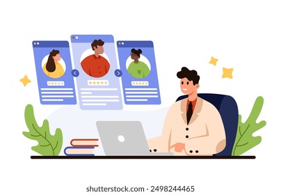 Online search for best candidate for vacancy, recruitment, professional CV review. Tiny HR manager or boss recruiter sitting at laptop to choose talent office employee cartoon vector illustration