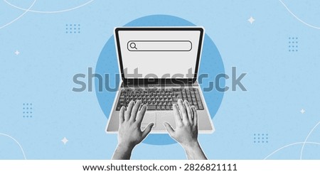 Online Search collage concept. Halftone paper cut out Hands typing on laptop search bar interface. Web browsing, SEO, digital marketing, internet research vector illustration. Vintage pop art design