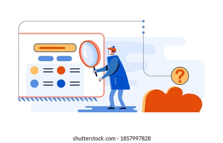 Online search concept - detective with magnifying glass examines the surface of a browser window on Internet with a search bar trying to find an answer to a question.