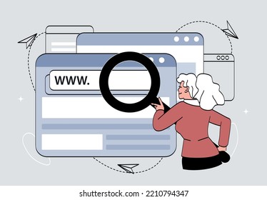 Online search concept. Woman with magnifying glass evaluates webpage. Modern technologies and digital world. Young girl looking for information and knowledge. Cartoon flat vector illustration