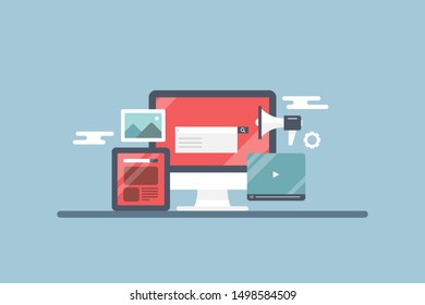 online Search, Content, marketing, Optimization, technology - flat design vector banner with icons on isolated background
