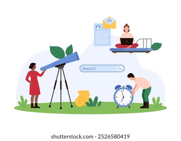 Búsqueda en línea de CV de empleado profesional por empleador, elección del mejor candidato, headhunting. Pequeñas personas miran a través del telescopio en ofertas de currículum para la Ilustración vectorial de dibujos animados de entrevistas