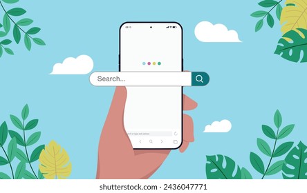 Online search engine on phone screen vector mockup - Smartphone with big search bar in hand of person with decorative blue background. Flat design vector illustration