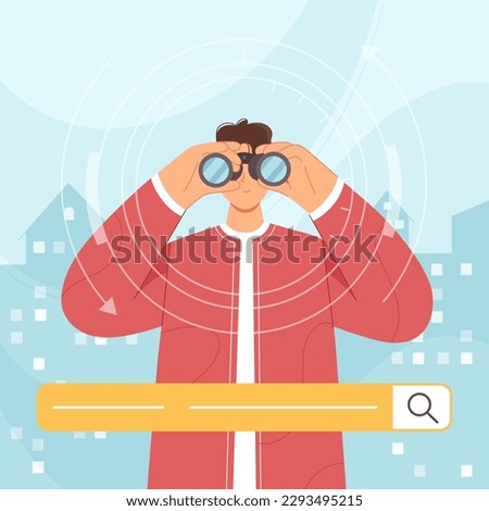 Online search for information with bar in browser vector illustration. Cartoon man looking through binoculars to research and find data or text, content or new job in internet search digital system
