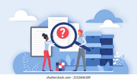 Online search of information, cloud organization and analytics. Tiny people work with magnifying glass on archive folders of documents 3d flat vector illustration. Library cloud service concept