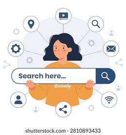 Online search interface illustration featuring search bar user icons and digital connectivity representing web browsing information discovery search engine optimization technology and modern internet communication concepts.