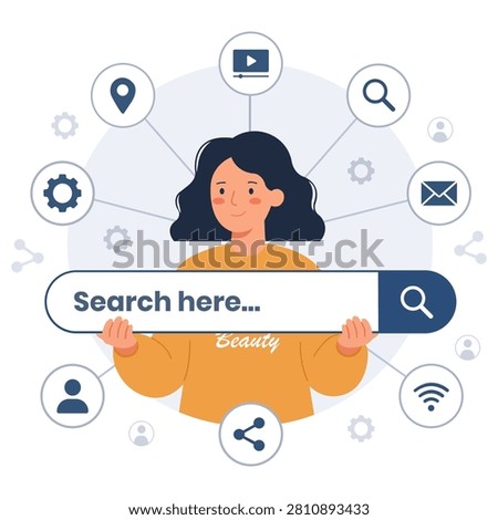 Online search interface illustration featuring search bar user icons and digital connectivity representing web browsing information discovery search engine optimization technology and modern internet communication concepts.