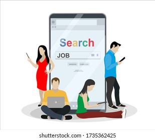 Online search job.  Concept vector illustration of young people using mobile smartphone and laptop for searching job in web browser. Flat design of guys and women standing near smartphone.