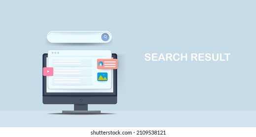 Online search result, search engine result page, digital marketing, SEO - 3D concept vector illustration with icons