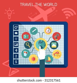 On-line search of travel, the Internet icon flat, template, aircraft world country, vector illustration