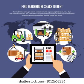 Online search of warehouse for rent  composition on blue background with storehouse operations, world map vector illustration