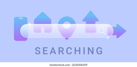 Online searching composition on blue background. Glass morphism simple vector illustration