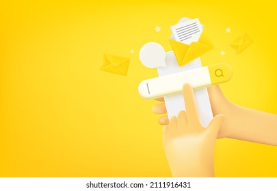 Online Searching Emails Via Mobile Phone. 3d Vector Banner With Copy Space
