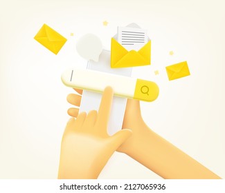 Online searching emails via mobile phone. 3d vector illustration
