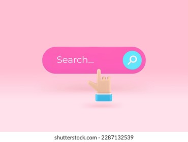 Online searching internet browsing bar field hand click cursor find information 3d icon realistic vector illustration. Search engine optimization global connect cyberspace address navigation network