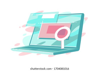 Online searching on website vector illustration. Open search application with magnifier on screen of laptop flat style design. Internet search system concept