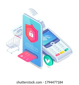 Online-sicheres, nfc Smartphone Zahlung isometrisches Konzept. Schutz der Internetzahlungen, Vektorgrafik mit 3D-Mobiltelefon, Pos-Terminal, Einkaufswagen für Web-Banner, Infografiken, mobile App