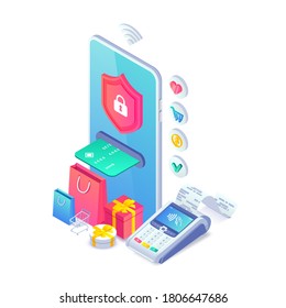 Online secure nfc smartphone payment isometric concept. Safe internet shopping vector illustration with 3d mobile phone, pos terminal, shopping cart, gifts for web banner, mobile app, infographics.