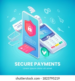 Online Secure Nfc Smartphone Payment Isometric Banner Concept. Internet Payments Protection Vector Illustration With 3d Mobile Phone, Pos Terminal, Shopping Cart For Web, Ad, Mobile App, Infographics.