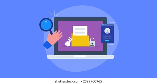 Almacenamiento seguro en línea, bloqueo digital, seguridad de almacenamiento en la nube, seguridad de datos en el almacenamiento en la nube, acceso en línea, sistema de seguridad para la protección de datos - ilustración vectorial con iconos