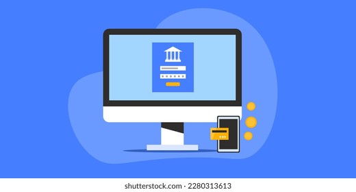 Online secured banking system, Mobile banking concept, Internet banking website page on computer screen - vector illustration background with icons