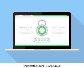 Online Secured Password Lock Laptop Browser Vector Icon illustration