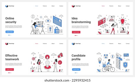 Online security of account, effective teamwork to search for candidate profile, brainstorm and ideas set vector illustration. Cartoon tiny people brainstorming, working online on light bulb project