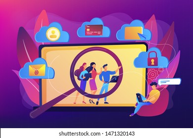 Online security breach, immoral private life offence. Digital ethics and privacy, digital mediums behavior, internet privacy violation concept. Bright vibrant violet vector isolated illustration