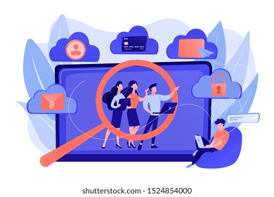 Online security breach, immoral private life offence. Digital ethics and privacy, digital mediums behavior, internet privacy violation concept. Pinkish coral bluevector isolated illustration