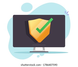 Online security computer desktop protection shield on screen or pc protected with safety privacy access vector flat, concept of internet data firewall software symbol or antivirus icon