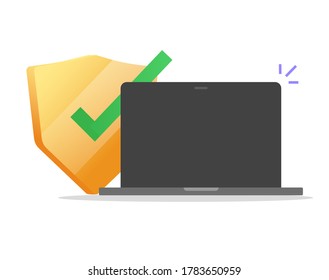 Online security computer protection shield on laptop blank empty screen or pc protected with safety privacy access vector flat, concept of internet data firewall software symbol or antivirus icon