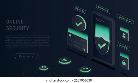 Online security concept. Blockchain technology, protection of personal data on Internet, cloud service and data exchange. Devices and gadgets. Poster or banner. Realistic isometric vector illustration