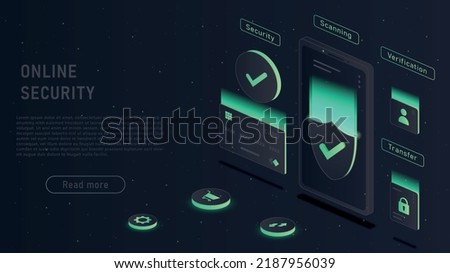 Online security concept. Blockchain technology, protection of personal data on Internet, cloud service and data exchange. Devices and gadgets. Poster or banner. Realistic isometric vector illustration