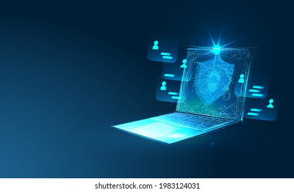 Online-Sicherheitskonzept. Cybersicherheit, Datenschutz, Cyberattacke-Konzept auf blauem Hintergrund. Entwicklung von Datenbanksicherheitssoftware. Laptop geschützt mit Schild. Low-Poly-Vektorgrafik