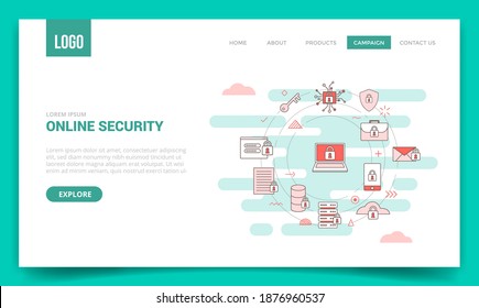 online security concept padlock key password laptop smartphone data server data with circle icon for website template or landing page banner homepage outline style