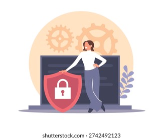 Online security control. Internet connection analysis, cyber protection, private data, privacy, and risk management for account, software app, verification, control. Vector cartoon flat style concept